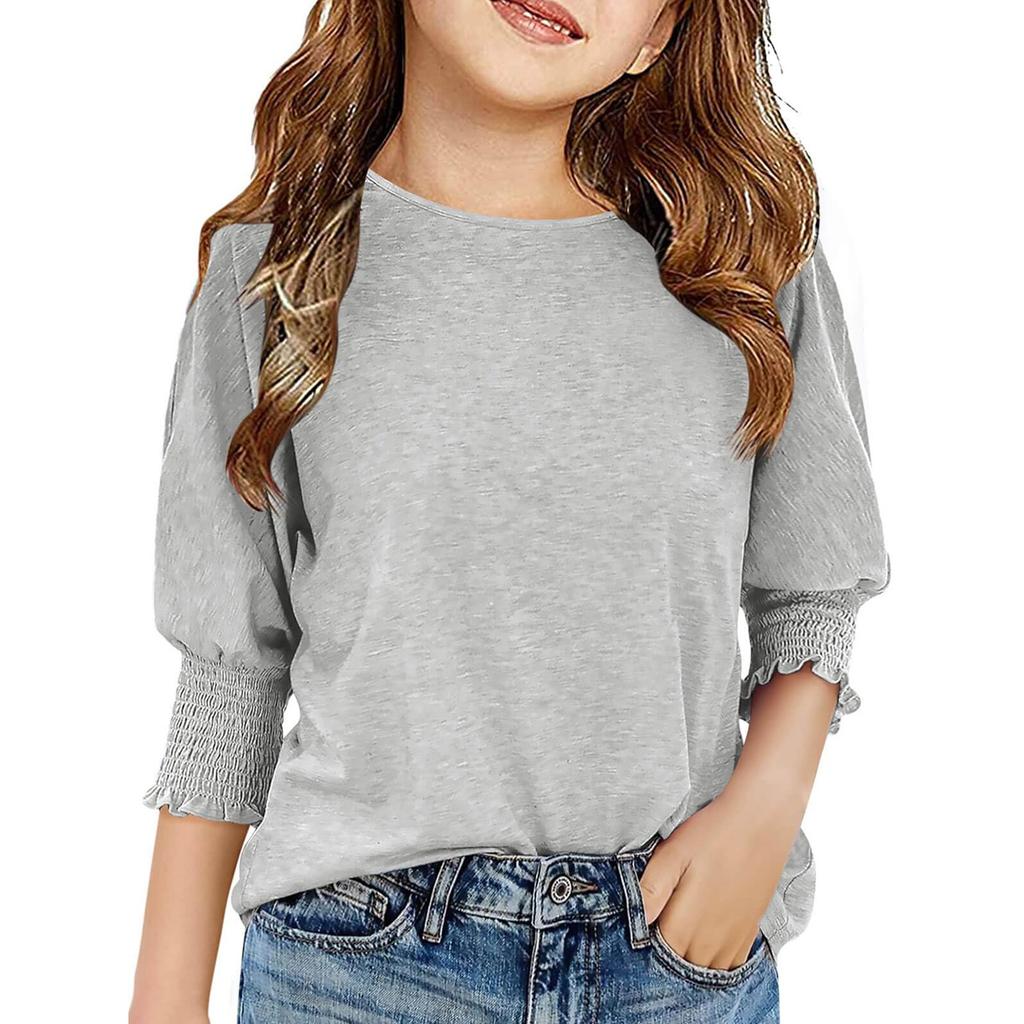 Girls' 3/4 Sleeve Blouse - Round Neck Ruffle Shirt