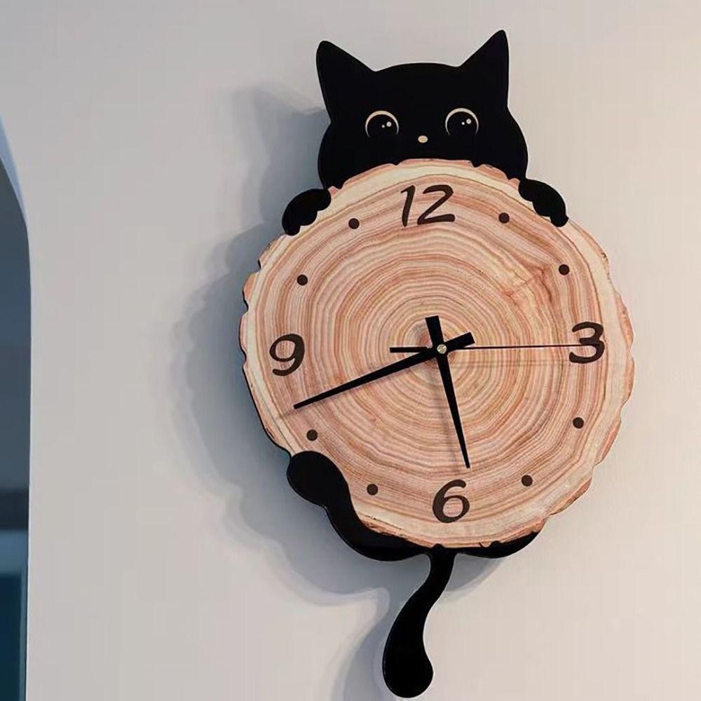 Black Cat Wall Clock Non-Ticking Hanging Clock Creative Wall-mounted Clock For Modern Decoration