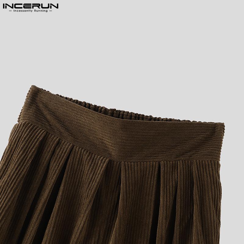 INCERUN Men Zipper High Waist Long Corduroy Casual Wide Leg Pants With Pockets