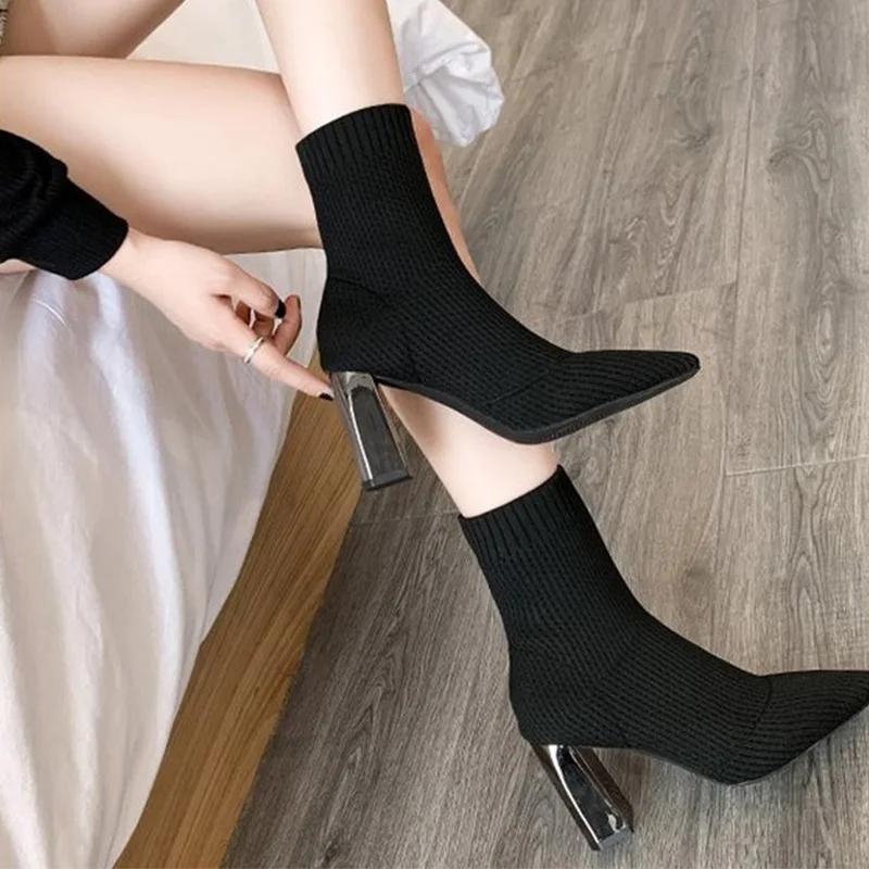 Fashion Women Socks Ankle Boots Kintting Ladies High Heels Ladies Winter Stretch Fabric Pointed Toe Shoes Fashion Female Footwear 2024