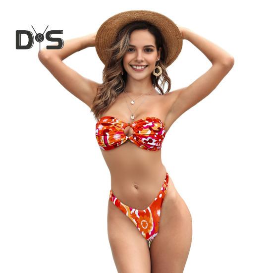 2 stk/sett Dame Bikini Sett Bandeau Polstret Trådløs Bikini BH Høy midje Badebukser Sett Splittdesign Blomstertrykk Badebukt