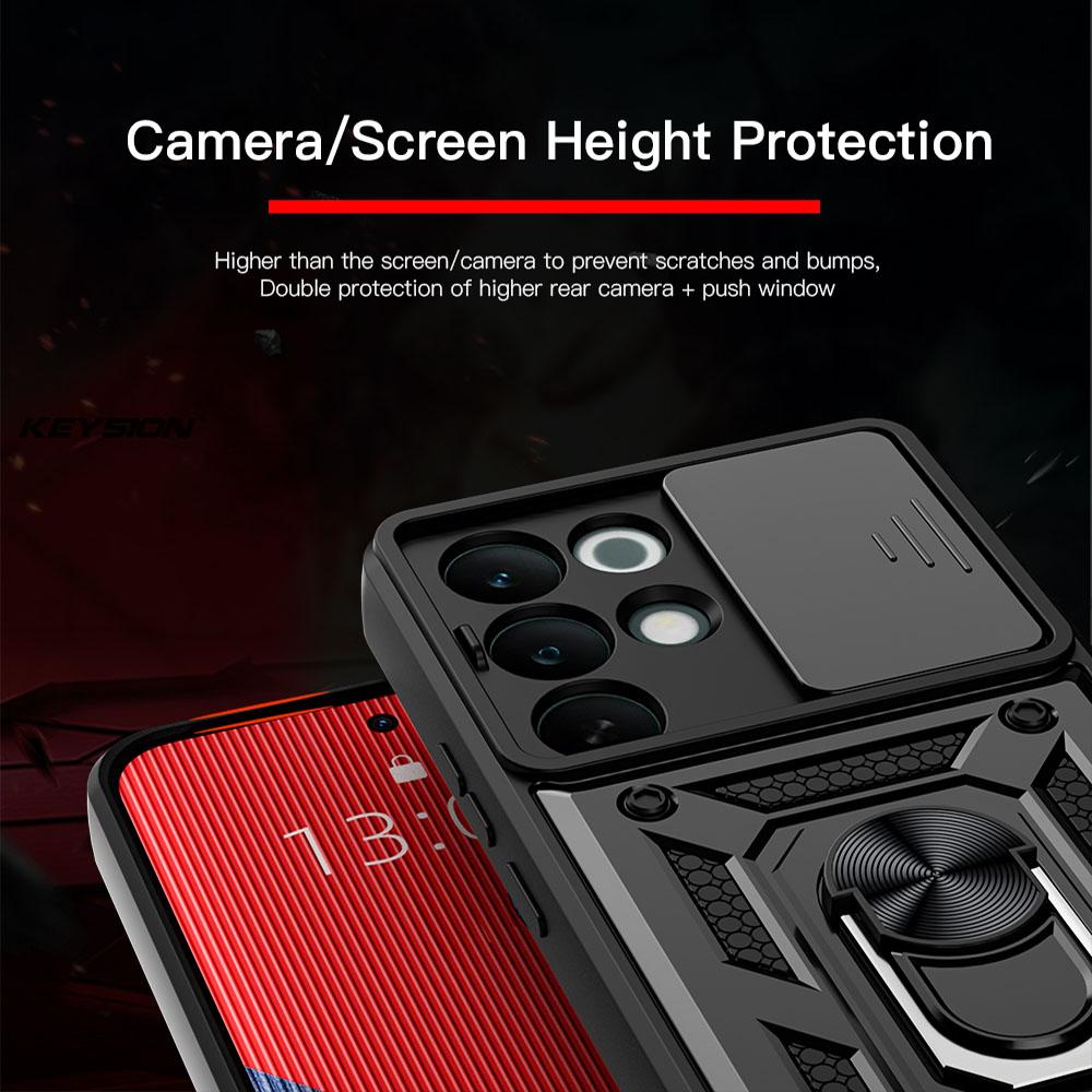 KEYSION Shockproof Armor Case for Realme C85 5G Slide Camera Lens Protection Ring Stand Phone Back Cover for OPPO Realme C85 Pro