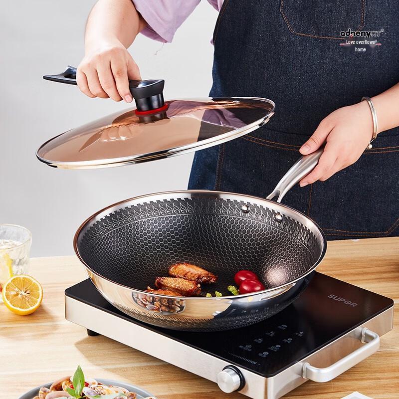 Adneny 32cm 304 Stainless Steel Honeycomb Wok
