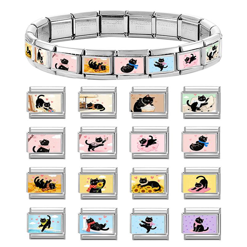 New Creative Design Funny Cats Sunflower Cake Moon Italian Charms Fit 9MM Stainless Steel Women Men Bracelet DIY Jewelry Gifts