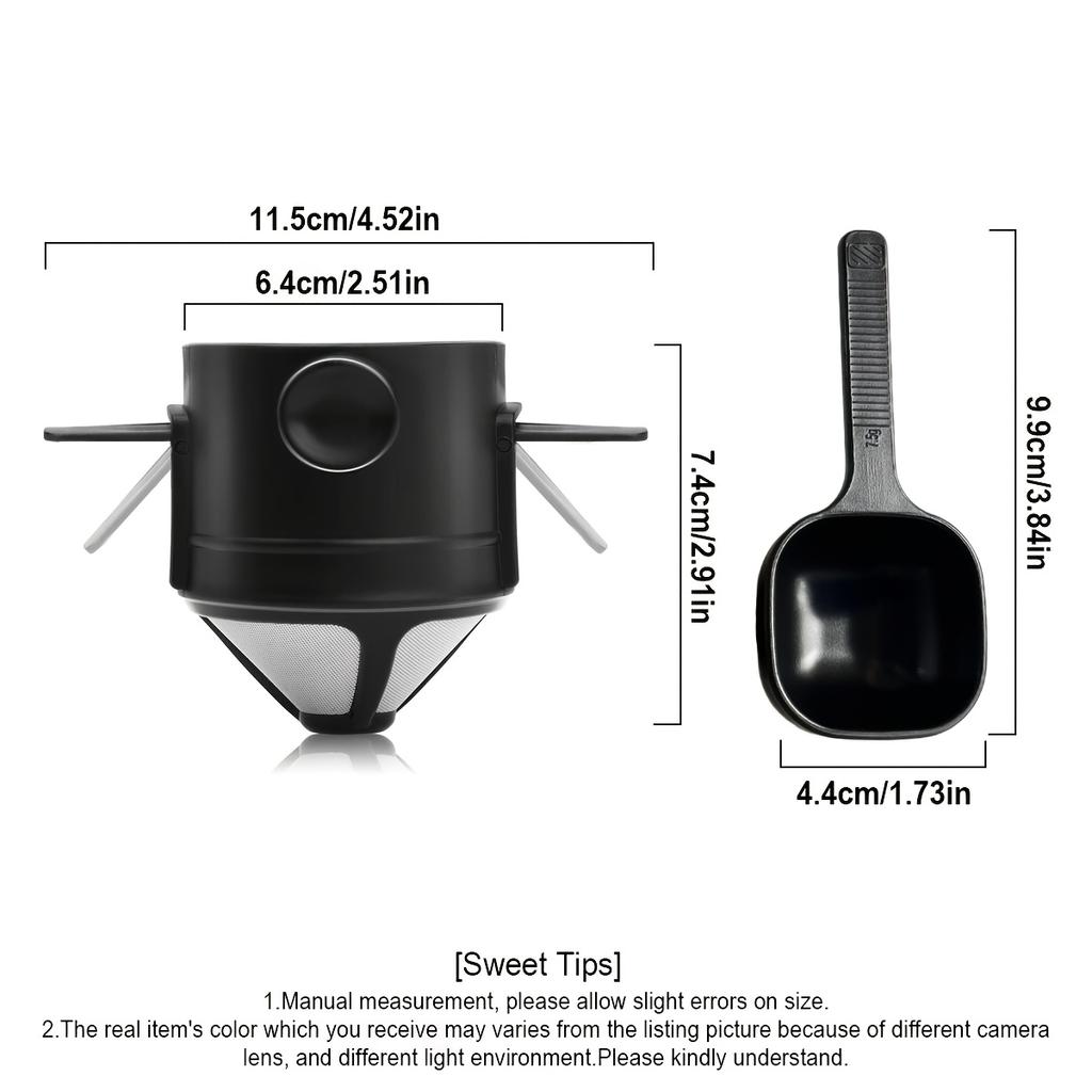 Pour Over Coffee Dripper with Spoon, Reusable Stainless Steel Pour Over Coffee Filters, Easy to Clean Camping Coffee Filter