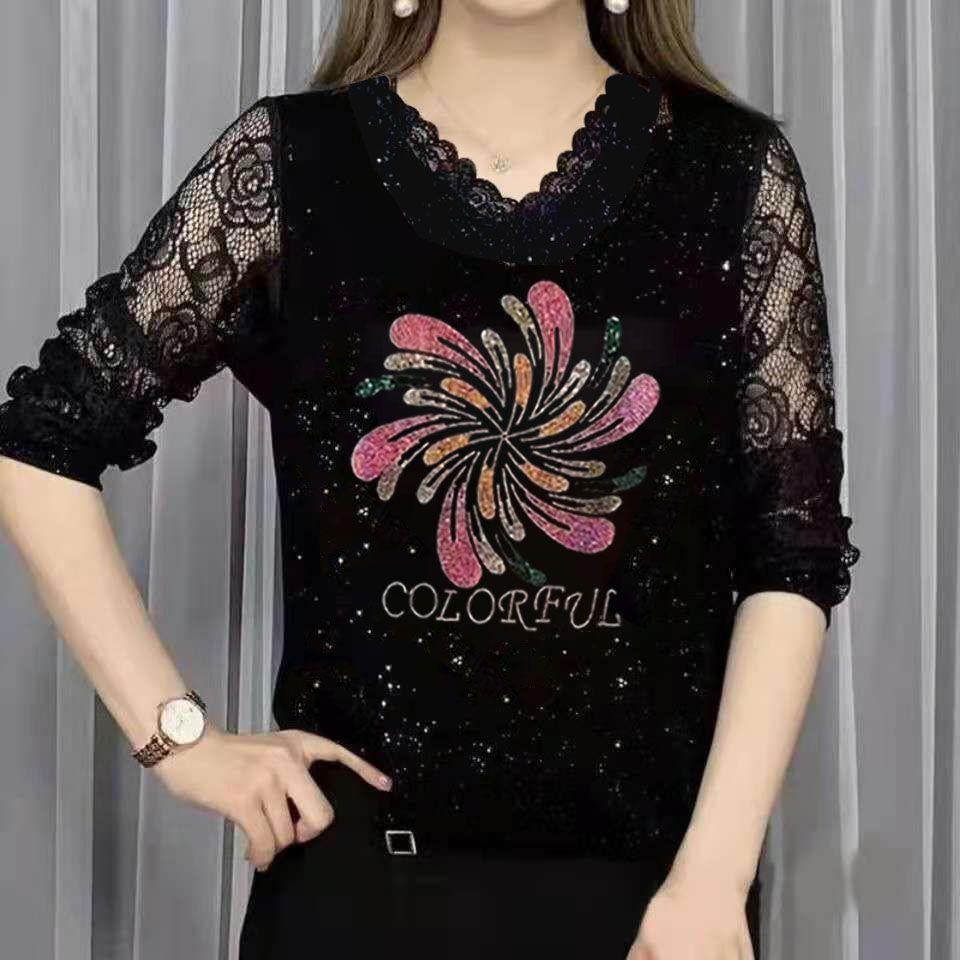 

Весна Лето Осень Новый Топ с длинным рукавом V-образным вырезом в западном стиле для мамы Женский Среднего возраста Молодежный Инкрустация бриллиантами 4XL розовый