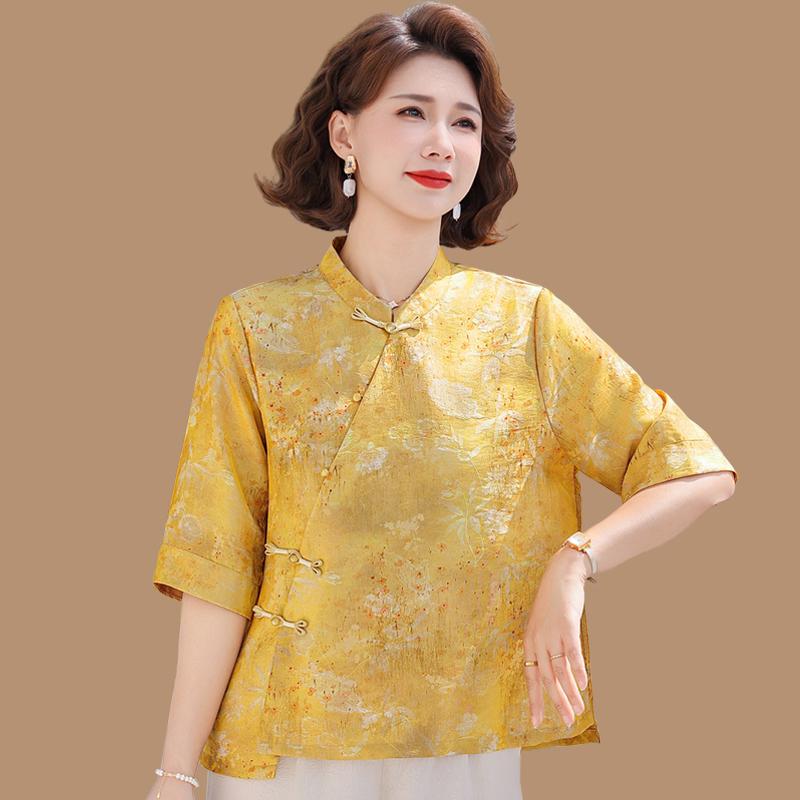 

Chinese-Style Summer Short-Sleeve Suit for Mothers - National Top for Middle-Aged and Elderly, Stylish Spring/Summer Shirt 4XL (approx. 135-150 jin)