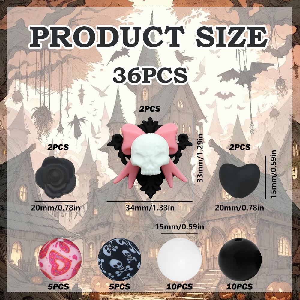 

36PCS skull bow silicone bead set, perfect for DIY handmade crafts such as keychains, necklaces, bracelets, etc