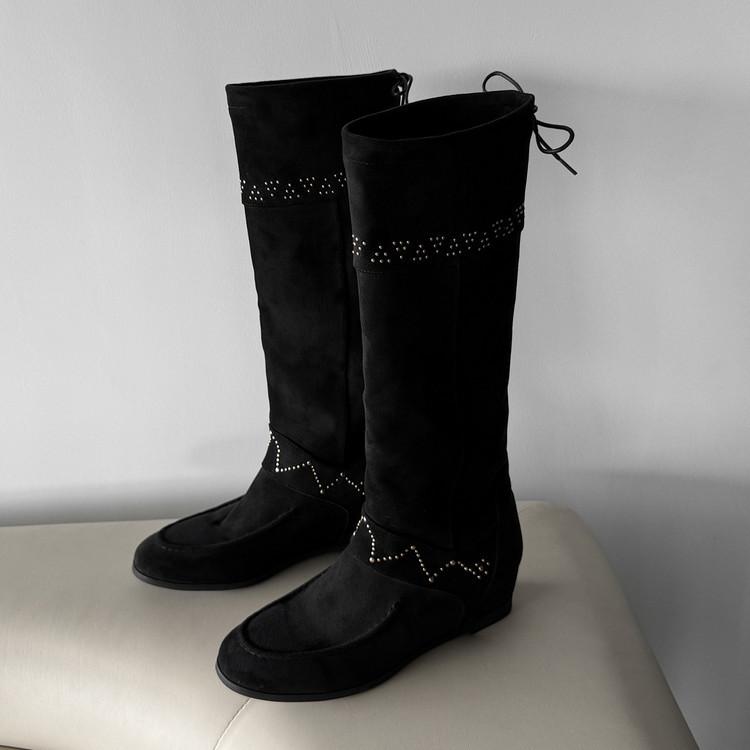 2025 autumn and winter new round head inner height increase but knee high sleeve trend national style stacking boots women