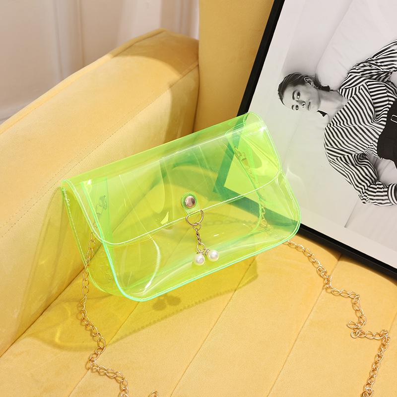 Fresh and Simple Candy Color Transparent Small Square Bag Fashionable Personality Pearl Pendant Chain Messenger Bag Mobile Phone Small Bag Women