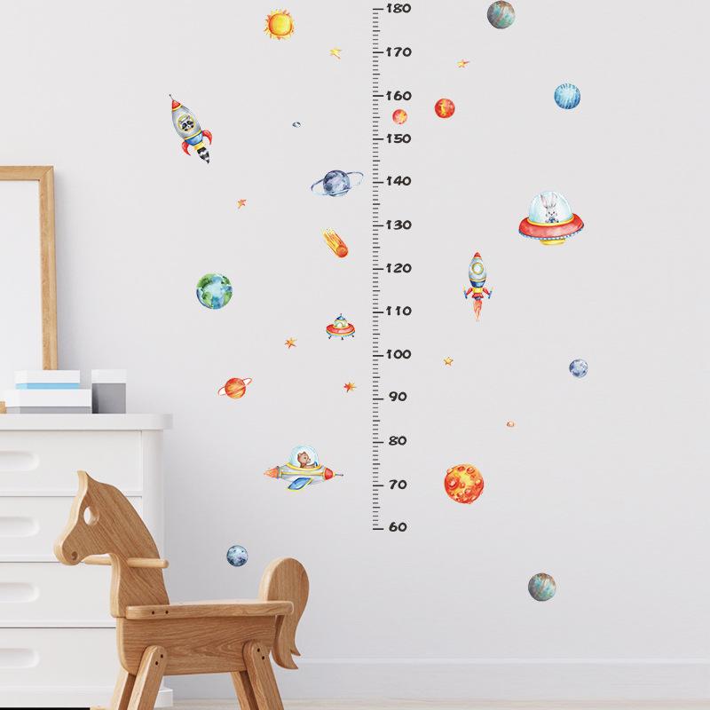 Space Rocket Growth Chart Wall Stickers, Cartoon Planets Height Measure Decal for Kids Room Nursery Decor