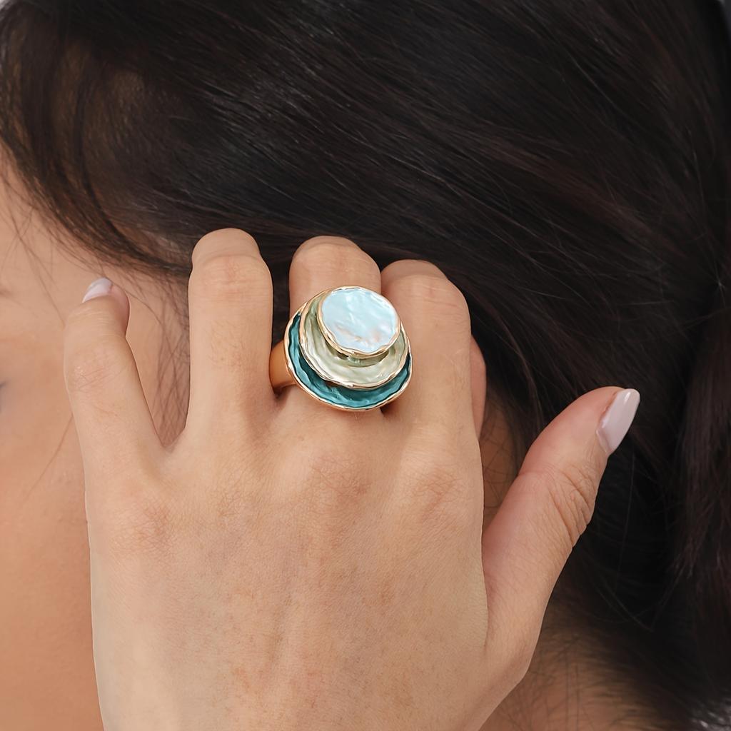 Women's Chic Bohemian Triple-Layer Enamel Ring - KC Golden Plated Zinc Alloy, Stretch Fit - Perfect for Thanksgiving Day & Daily Wear | Durable Platin