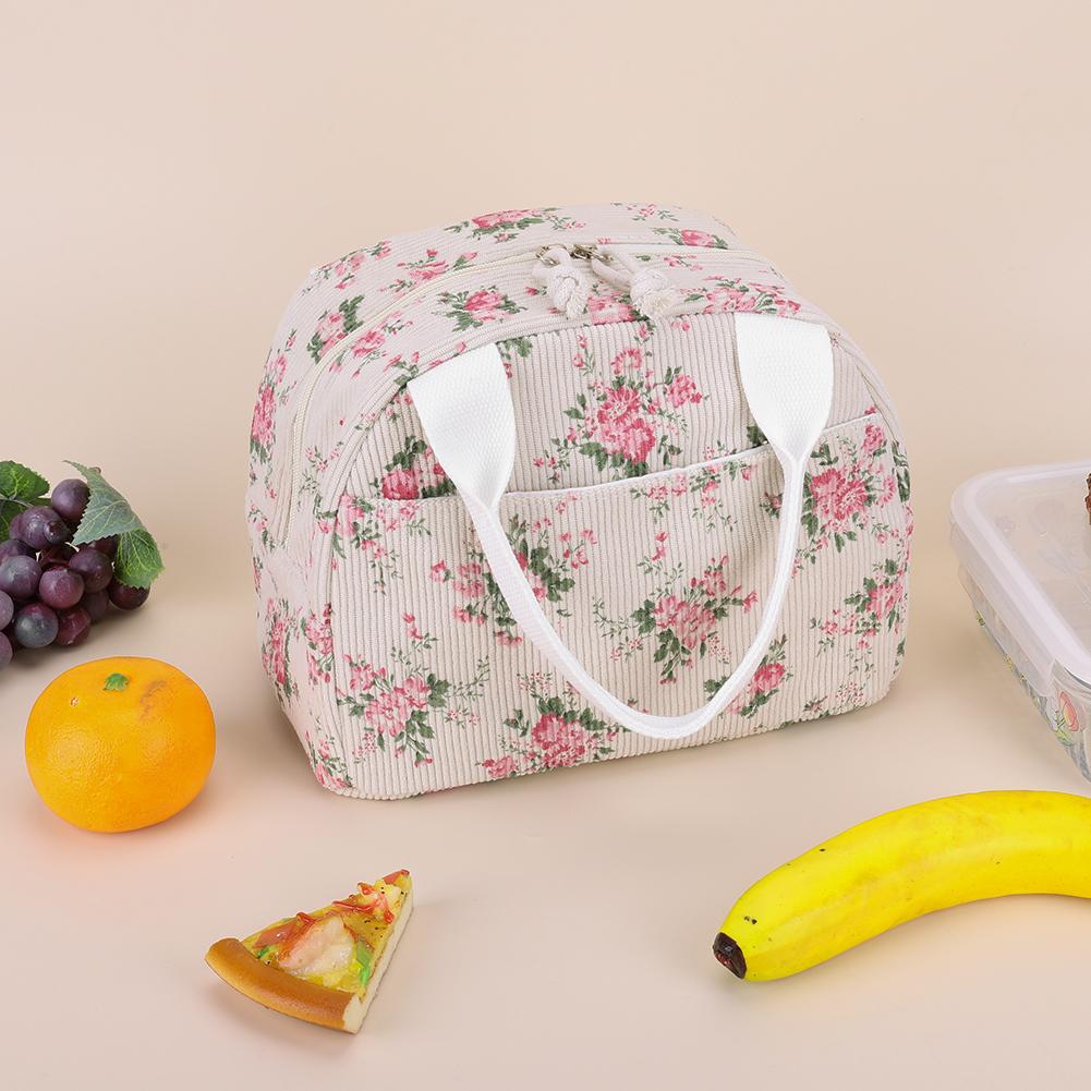 Women Quilted Lunch Bag Large Capacity Cute Lunch Box Bag Floral Printed Cotton Padded Picnic Bag Work Trip Bag