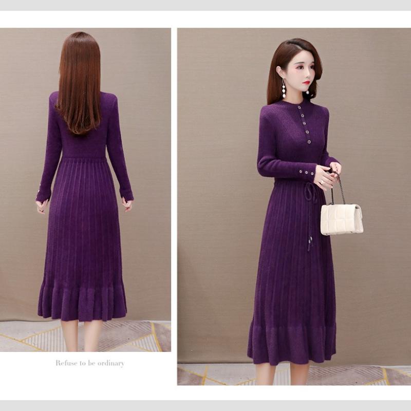 Women's Mink-proof Knitted Dress Loose Solid Color Mid-length Sweater Dress Knee-length Fishtail Dress for Autumn and Winter