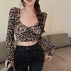 Women T-Shirts Square Neck Slim Fit Basic Layering Crop Top Pullover Leopard Print Long Sleeves Sexy T Shirt