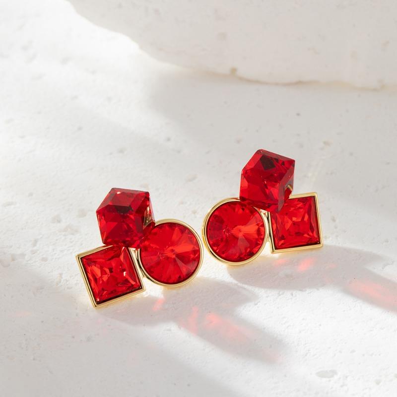 Colorful Rhinestones Stud Earrings for Women Trendy Red Green Purple Round Square Statement Earrings Geometry Pink Jewelry Gift