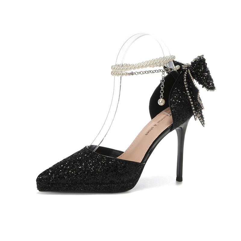 

D-Водонепроницаемый Стол Блеск Бант Жемчужная Цепочка Высокие Каблуки Свадебное Банкетное Платье Свадебная Обувь Женская Обувь 40 чёрный