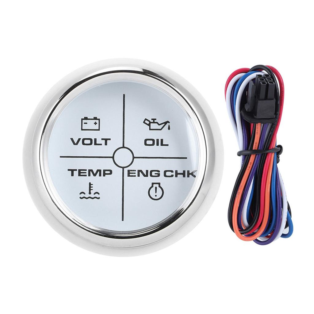 52mm 2in Multifunction 4LED Alarm Indicator Volt Water Temp Oil Pressure Alarm Gauge 12 24V for Marine BoatWhite Dial
