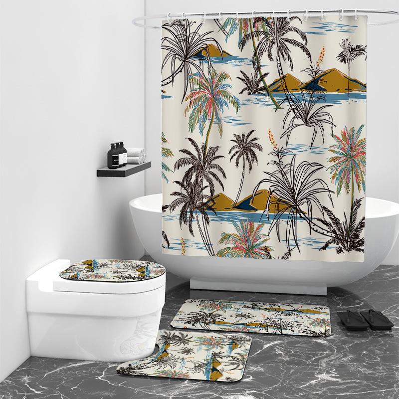 Tropical Palm Leaf Digital Printing Shower Curtain Bathroom Non-Punching Partition Curtain