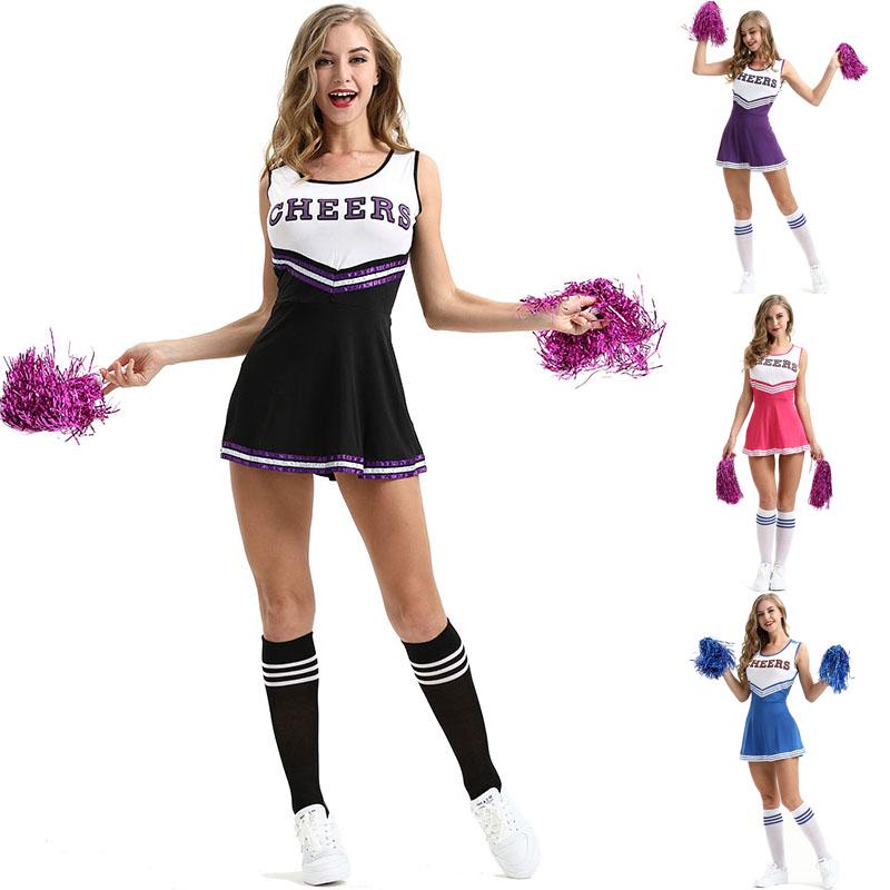 Fancy Dress Cheerleader Outfit Uniform Cosplay Costume With Pom Poms High School