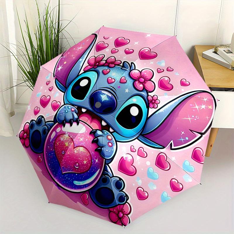 

Stitch, Heart Themed Automatic opening and closing folding umbrella, 8 rib windproof, compact travel design, suitable for all occasion | Fas