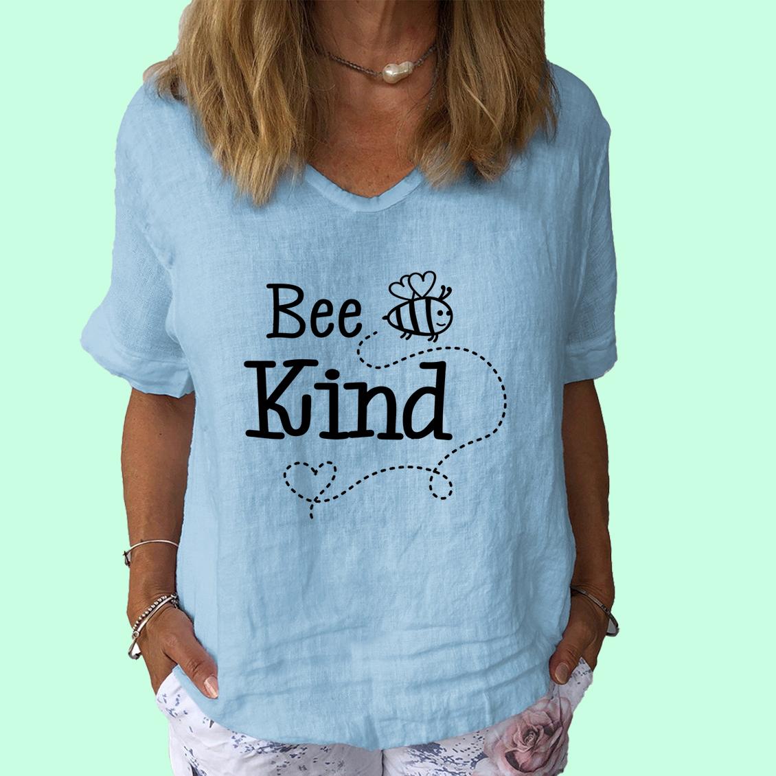 

Женская мода V-образный вырез с коротким рукавом, летняя повседневная хлопковая льняная рубашка, женская футболка с принтом пчелы 3XL светло-синий