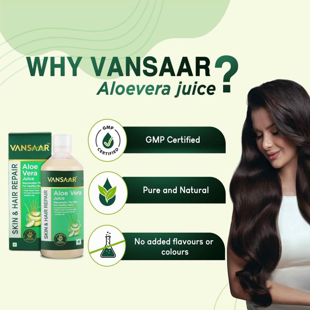 Vansaar Aloe Vera Juice 1 L Natural Cold Pressed With Pulp For Skin Glow Hydration Hair Nourishment Daily Health Drink