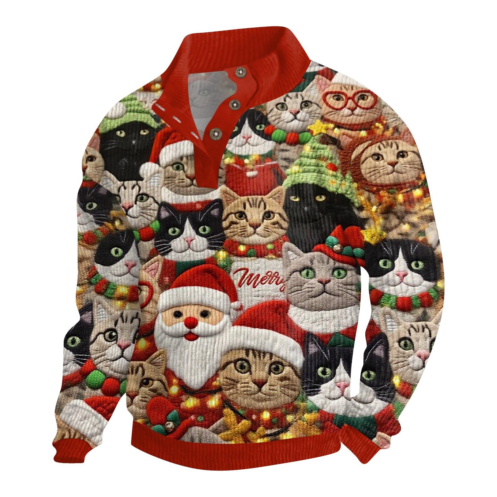 

Мужская рождественская хлопковая рубашка-пуловер с длинным рукавом для активного отдыха, винтажная вельветовая рубашка с воротником-стойкой и пуговицами, повседневная толстовка с рождественским принтом L