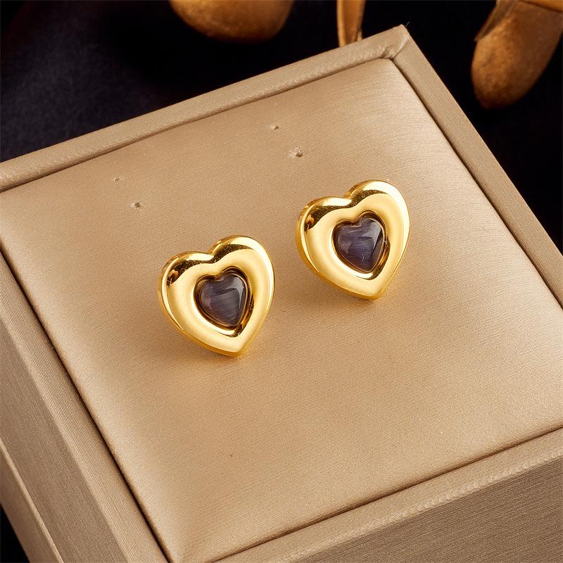 Gold Plated Stainless Steel Double Heart Purple Shell Stud Earrings for Women золотой