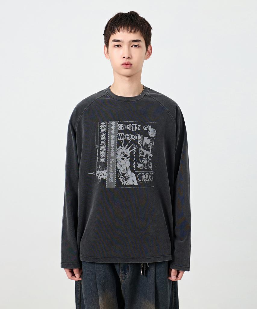 Dimiteulibeullaeg Raglan Color Block Pigment Artwork T-Shirt_Charcoal
