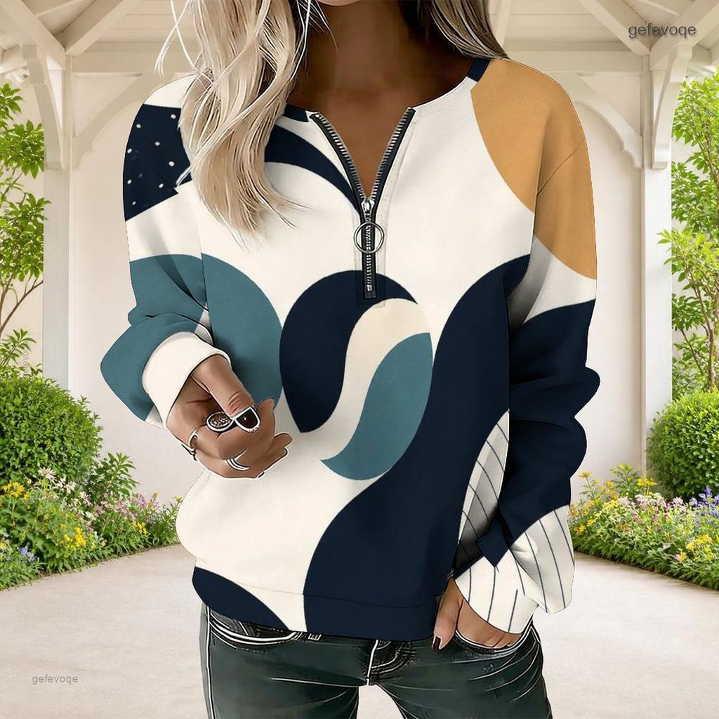Women Plus Size V Neck Front Zip Sweatshirt Long Sleeve Ribbed Cuffs Geometric Printed Blue White