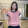 Round Neck Short Sleeve Knitted Shirt Color Block Slimming T Shirt Women