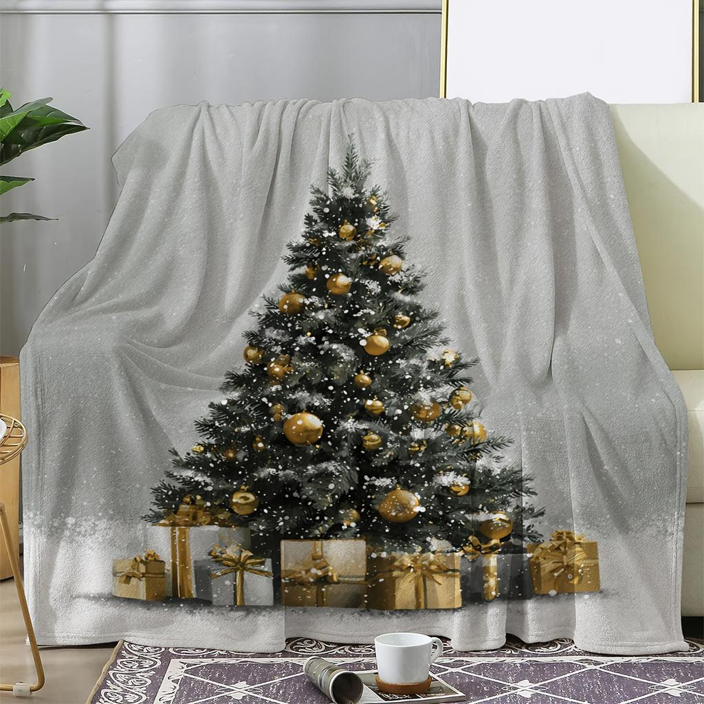 1pc Zeal Lily Cozy Flannel Blanket - Christmas Tree with Golden Ornaments & Snowflakes Print, Soft Warm All-Season Throw for Cou
