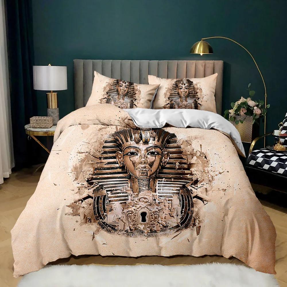 Pharaoh Bedding Sets,King Size 3D Ancient Egypt Tribe Decor Comforter Cover Set For Adult Egyptian Pyramid Polyester Duvet Cover
