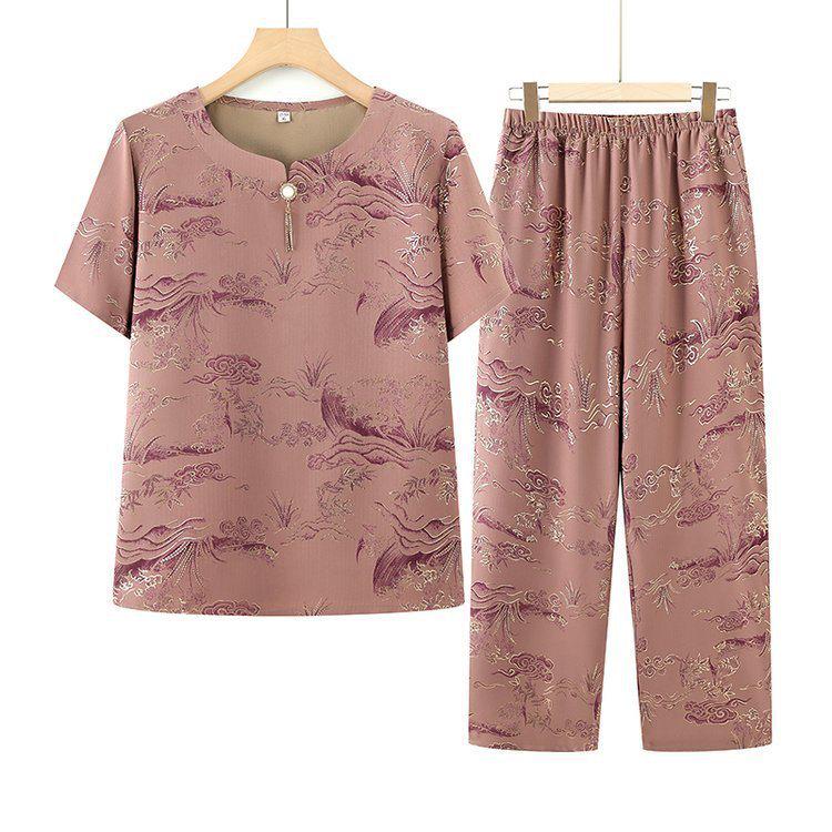 

Elderly Women s Summer Short-Sleeve Two-Piece Set 5XL 145-160 jin