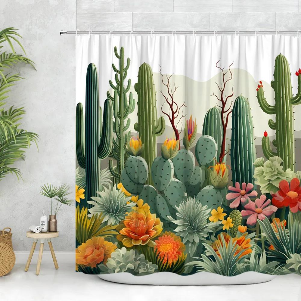 Cactus Shower Curtain, Tropical Plant Flower Desert Greenery Greenery Watercolor Succulent Farm Polyester Fabric Bathroom Deco