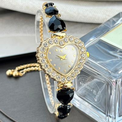 Women's Heart Shaped Bracelet Watch Rhinestone Heart Quartz Wristwatch Adjustable Slider Bracelet Dress Watch