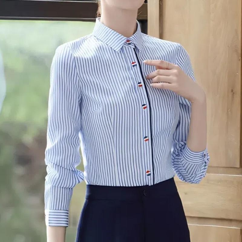 

Весенние тонкие полосатые блузки женские для работы, на каждый день, с воротником поло, свободного кроя, однотонные, повседневные рубашки с длинным рукавом на пуговицах S синий