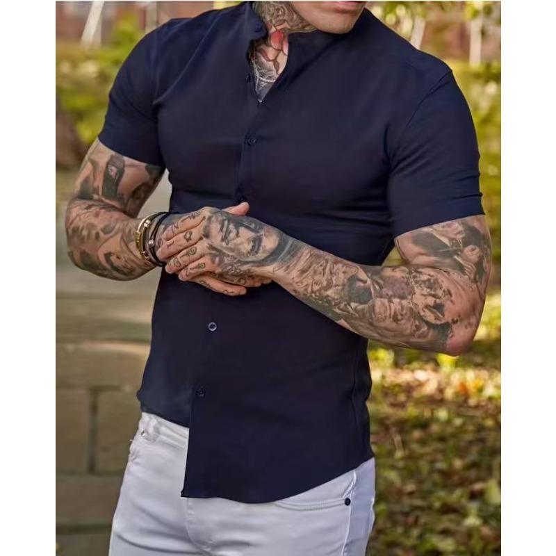 Men Slim Fit Short Sleeve Mandarin Collar Shirt Button Down Casual Business Top