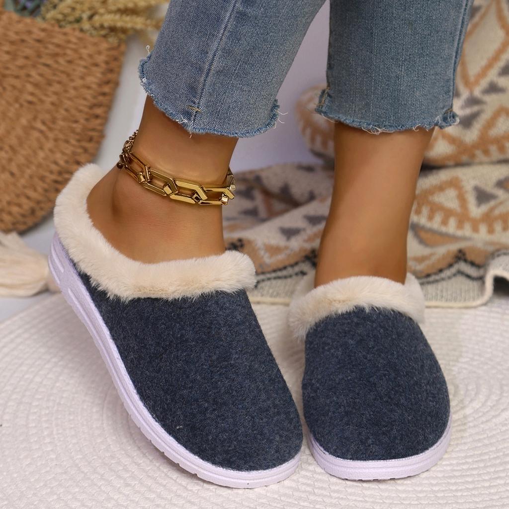 Fashion Flat Bottom Fur Slippers for Women Autumn Winter Casual Female Shoes Slip on Comfortable Indoor Plush Warm Baotou Half Slipper