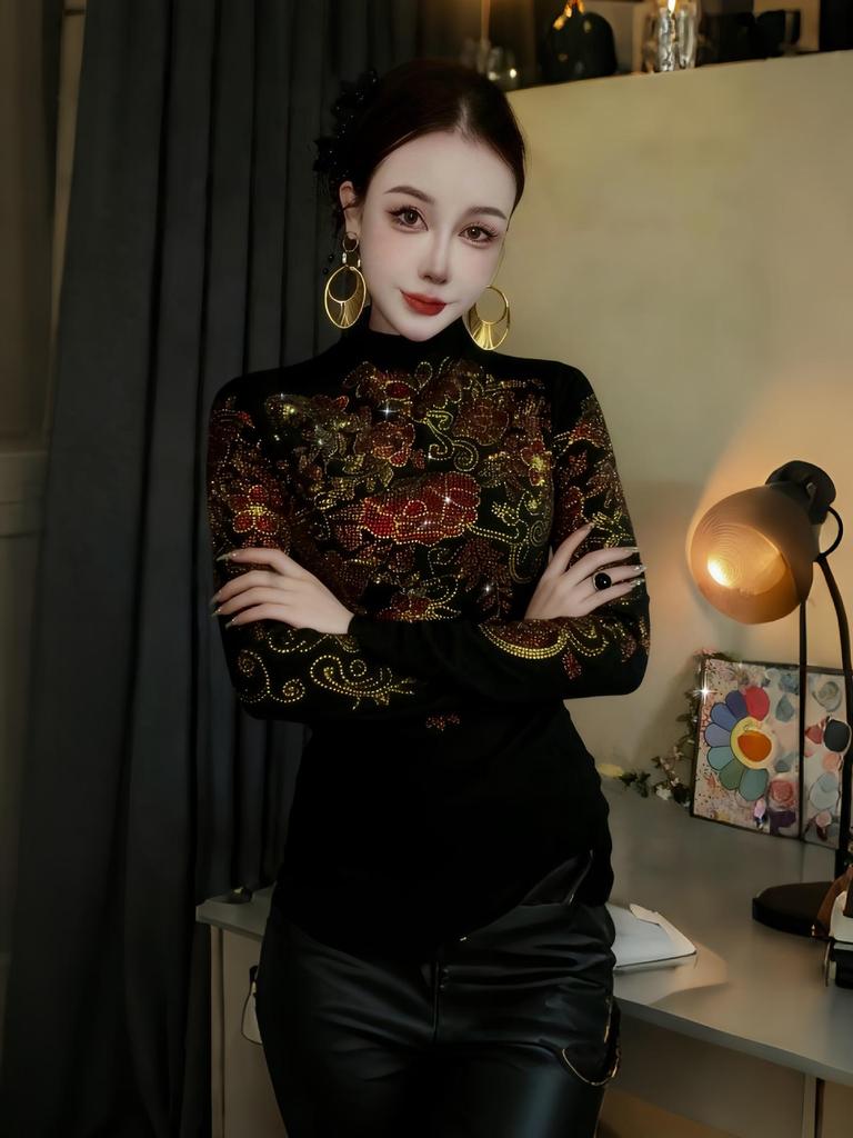 Haut élégant pour femme Automne/Hiver à manches longues, col semi-montant, strass