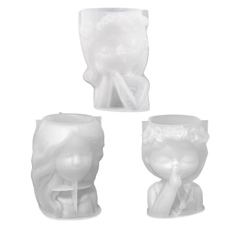 Silikonform 3D Søt Jente Blomsterpotteform DIY Håndlagde Håndverk Gips Lys Krystall Epoksyharpiksform for Hjemmedekorasjoner