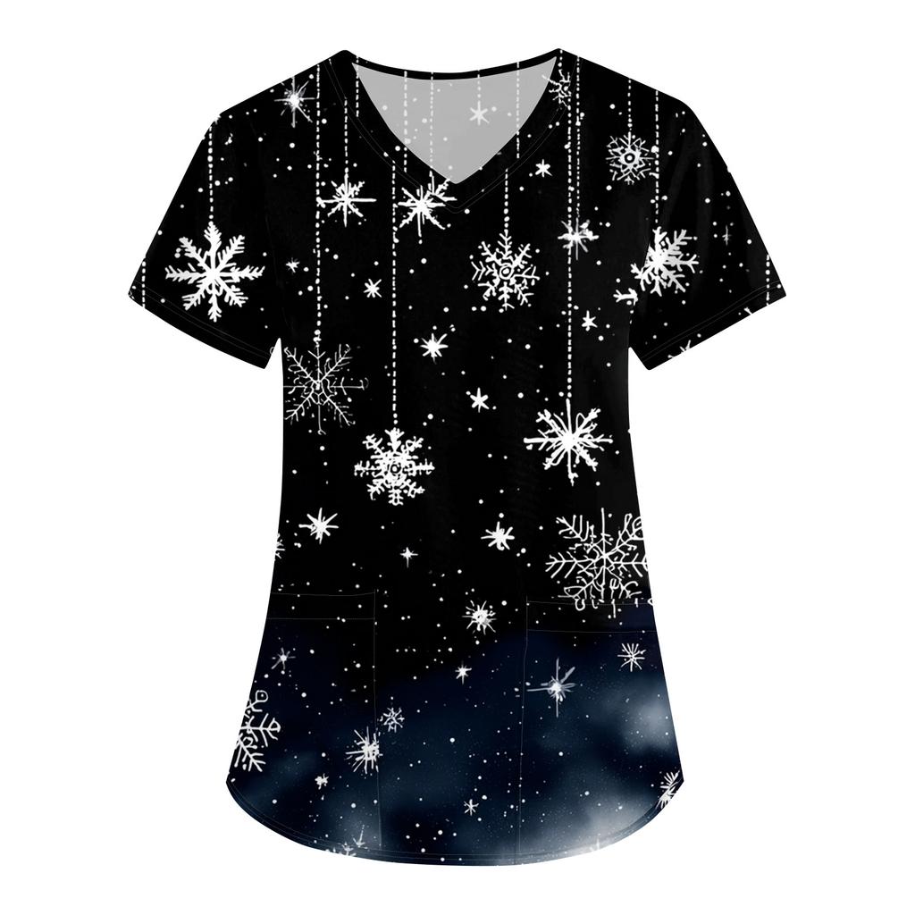 Women's Christmas Print Loose V-Neck Pocket Short-Sleeved Uniform