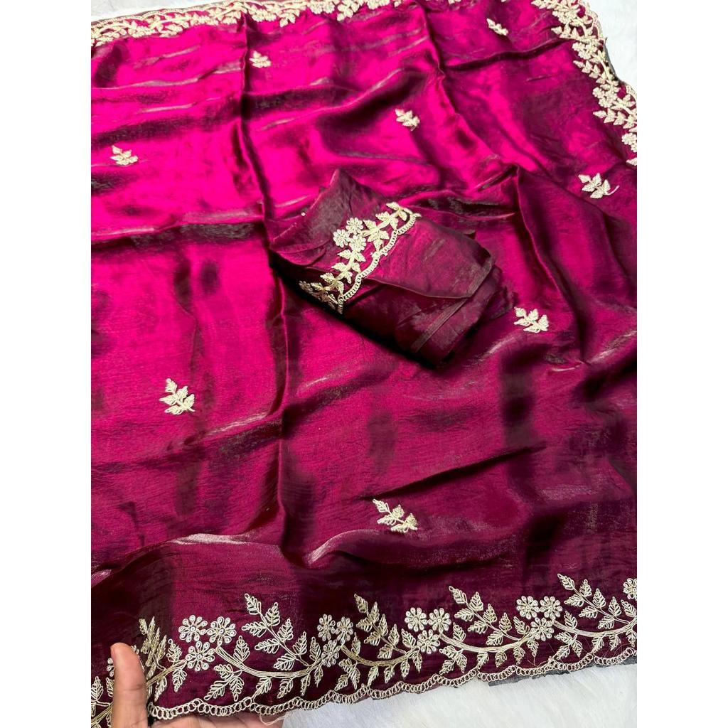 Premium Fandy satin with c pallu spring Dori embroidery work and all over sarees butta work with cutwork border