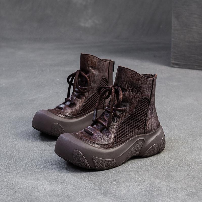 Johnature Cizme din piele naturală cu decupaje, retro, lucrate manual, cu vârf rotund, respirabile, pentru femei, cu talpă groasă