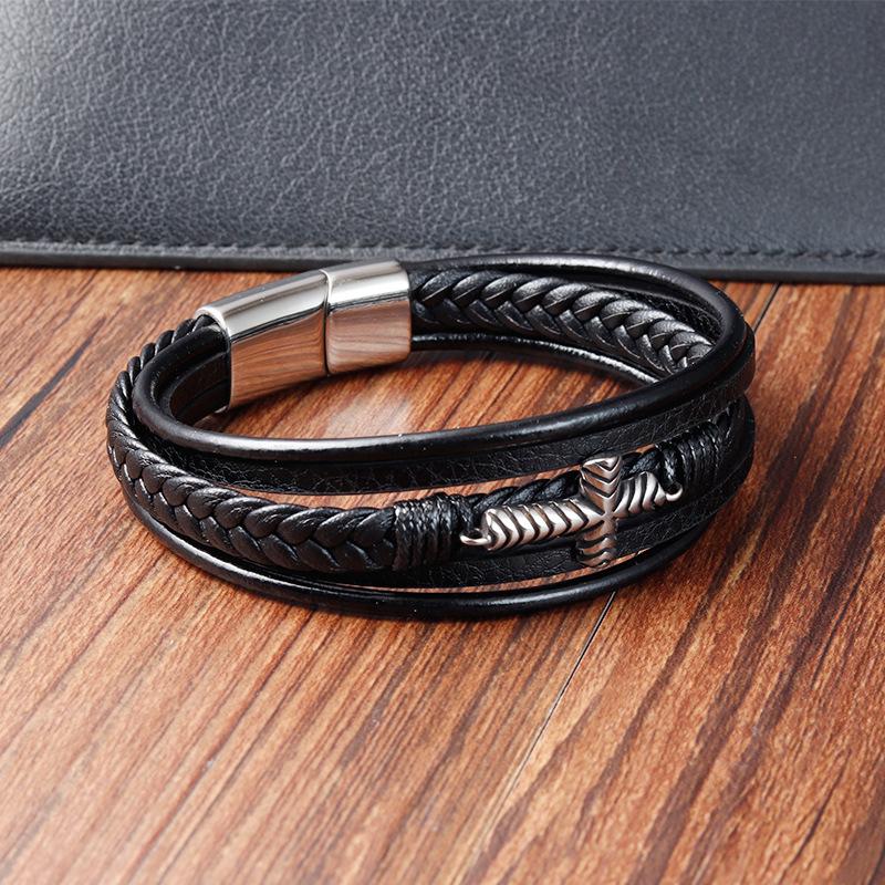European and American Leather Bracelets, Leather Woven Bracelets, Cross Leather Multi-layer Men's Jewelry