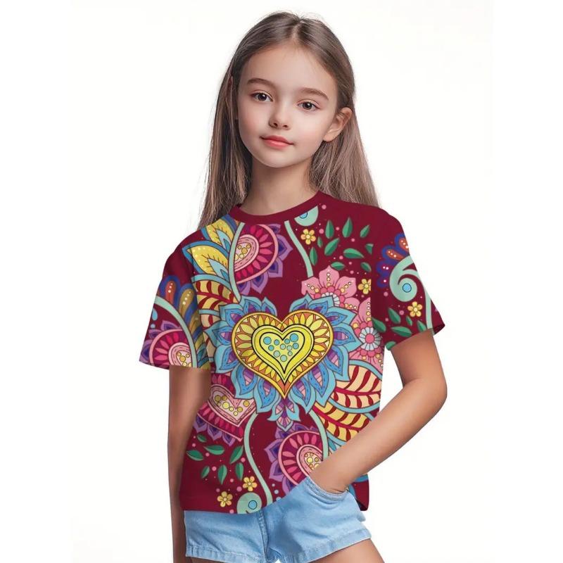 Beautiful T-Shirt for Girls Beautiful Flower 3D Print Summer Fashion Round Neck Short-Sleeved Tops Casual T-Shirts for Children