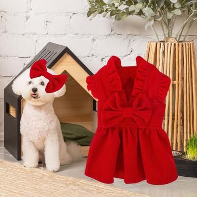 Chiot Xmas Robe Princesse Ensemble Vêtements Chien Tenue de Noël Fête Tenues Chat Chiot Robe Princesse Mignonne Chaude avec Nœud Bichon