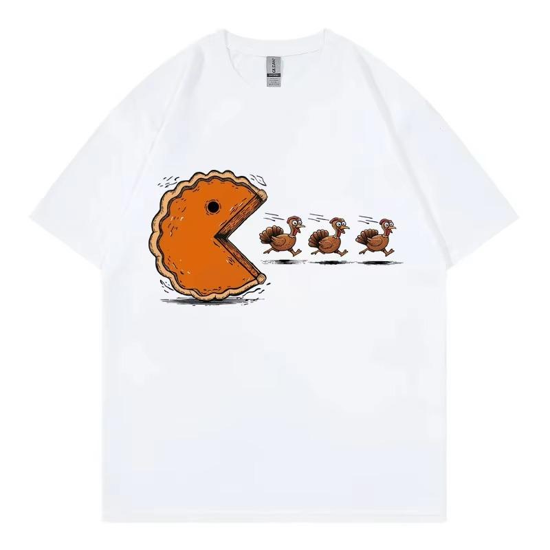 Funny Pumpkin Pie Chasing Turkey Print T Shirt Unisex Women High Quality Fashion Short Sleeve Tshirt Summer Casual Cotton Tshirts S