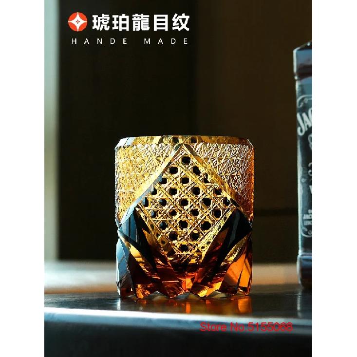 Japanese Black Warrior Armor Edo Kiriko Whisky Rock Glass Amber Crystals Whiskey Cup High-end Wine Glass Hand Cut Brandy Snifter
